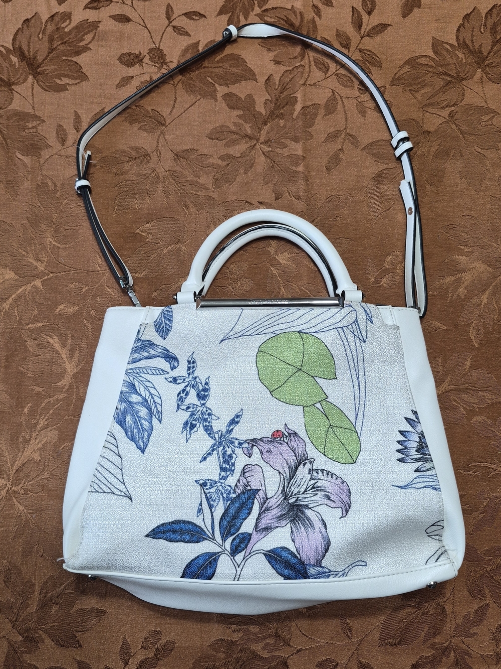 Enzo Angiolini White Floral Print Satchel with Blue and Green Accents
